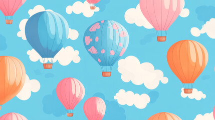 Realistic set of 3D colorful hot air balloons in blue sky with white clouds. Vector illustration of blue, pink and orange aircraft with basket for recreation travel, flight adventure. Seamless pattern