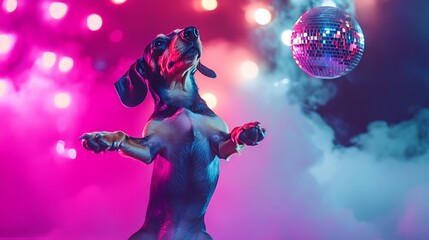 Dancing dog in a vibrant nightclub setting