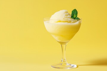 pastel yellow sorbet in a coup glass, pastel yellow background