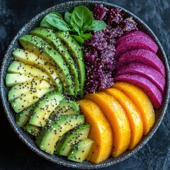Colorful healthy bowl with sliced avocado, beets, and peaches