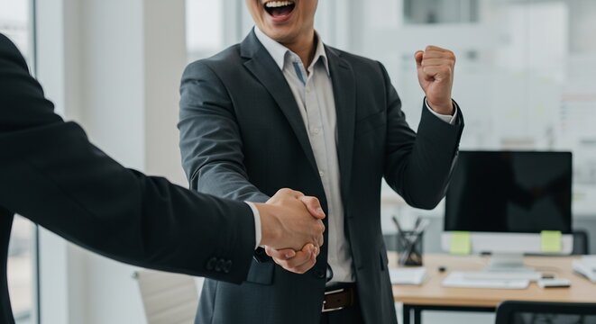 Two Successful Businessmen Shake Hands in Modern Office, Celebrating a Deal or Partnership with Enthusiasm and Excitement