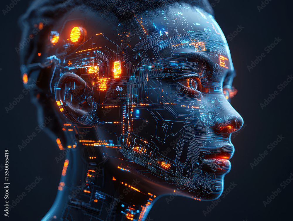 Poster futuristic ai model analyzes cyber threats with advanced machine learning algorithms and glowing int