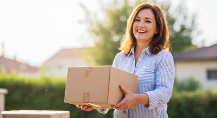 Happy middle-aged woman receiving a package outdoors, smiling and holding a cardboard box, bright sunlight, home delivery, positive emotions, lifestyle, real people