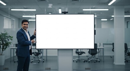 Confident Indian Businessman Presenting on a Blank Interactive Whiteboard in a Modern Office Space