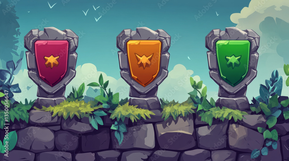 Poster old badges with level number and experience points for game ui design. vector cartoon icons of stone