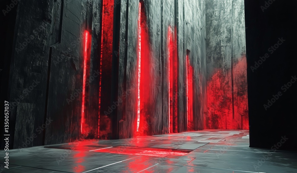 Poster mysterious ancient structure with glowing red light in a dark environment