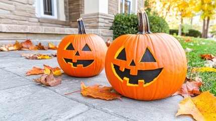 Obraz premium Two jack-o'-lanterns on a walkway, autumn leaves scattered around