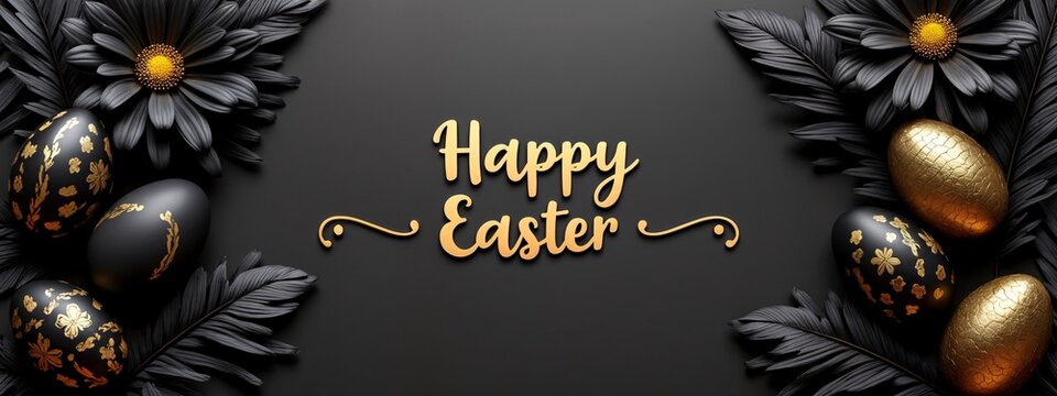 A black and gold Easter background with the words "Happy Easter" surrounded by black feathers.