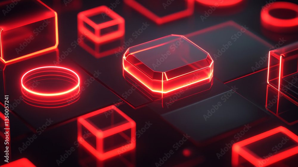 Poster neon frame collection with glowing red outlines with glass effect. illuminated geometric shapes - ov