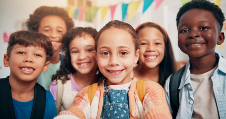 Portrait, students and smile for selfie in classroom for education, photography and social media post. POV, children and happy with learning support, profile picture update and memory with friends