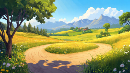 Obraz premium Cartoon nature landscape at early morning. Rural dirt road going along green field with deciduous trees and mountains view. Scenery game background, Vector illustration