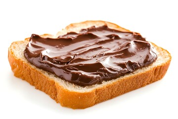 a slice of white bread generously spread with chocolate on a white background