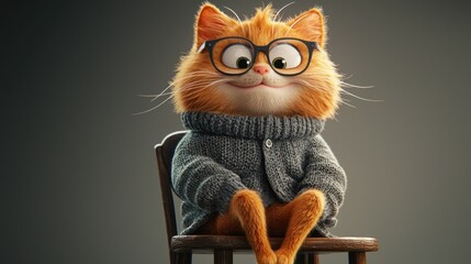 Obraz premium Animated cat in sweater, glasses, on chair, studio shot