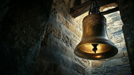 Obraz premium Vintage Bronze Bell Hanging in Stone Tower with Natural Lighting