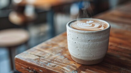 Cozy coffee moment with latte art in ceramic cup on wooden table
