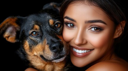 Woman and dog close up, happy smile