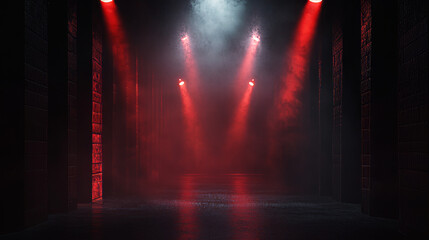 Podium illuminated by red spotlights. Empty platform or stage with beams of lamps and spots of light on floor. Vector realistic interior of dark hall or corridor with projectors rays and smoke