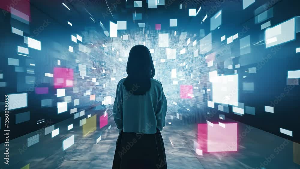 Poster shapes moving over data processing display at an immersive technology exhibition, shapes moving over