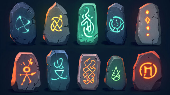 Rune stones with sacred glyphs for game design isolated on white background. Vector cartoon set of ancient stones with engraved magic signs, scandinavian runic characters