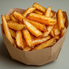 Crispy golden-brown french fries in a paper bowl