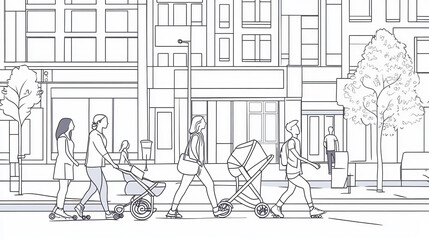 Obraz premium People walk at city street, characters go along the road on urban cityscape background. Mother with baby in stroller and toddler, couple, teens riding skates and bicycle, Line art vector illustration