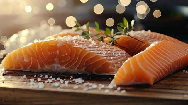 Salmon, salmon, eggs, and water. A table with a wooden slice of fish. Greenery and salt glare light. Fish, fish, eggs, lifestyle and water.