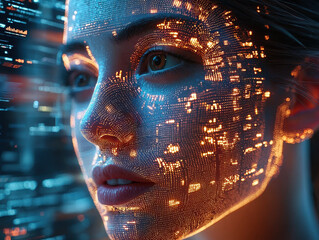 Futuristic biometric authentication system showcases AI identity verification with glowing digital face scan and advanced security interface