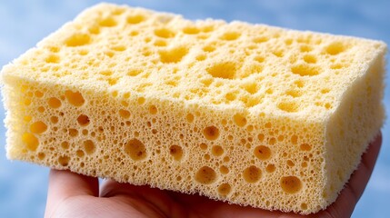 Close-up of a hand holding a yellow cleaning sponge with many holes.