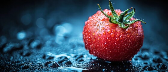 Fresh tomato, wet with water droplets