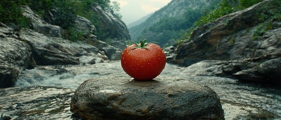 Ripe Tomato on a Rocky Stream