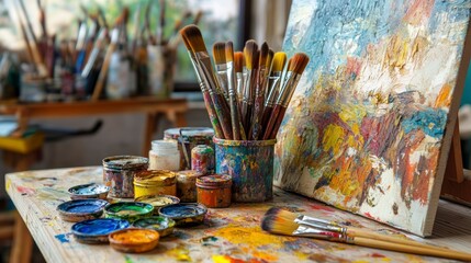 Obraz premium Artist's workspace with paintbrushes, paints, and an abstract painting on a wooden table.