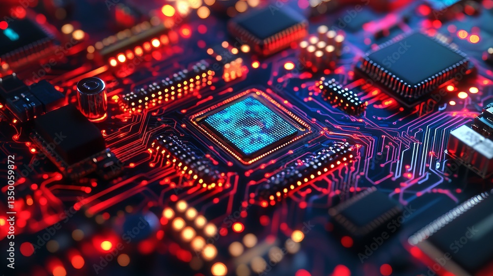 Poster abstract technology background red circuit board digital microchip innovation technology electronic 