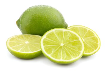 a whole lime and several slices on a white background
