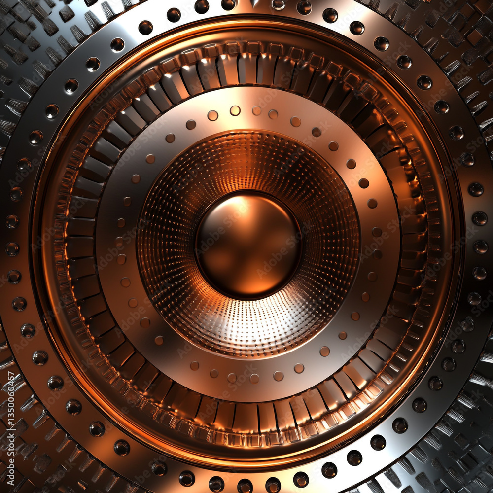 Aufkleber a metallic circular structure with multiple layers and intricate details in copper and silver tones