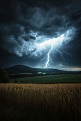 Fototapeta premium Lightning strikes over a dark countryside landscape