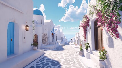 Fototapeta premium Charming Mediterranean village with white buildings and blue domes by the sea during sunset