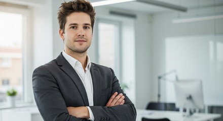 Fototapeta premium Confident Young Businessman in Modern Office, Portrait, Arms Crossed, Professional, Successful, Corporate, Entrepreneur