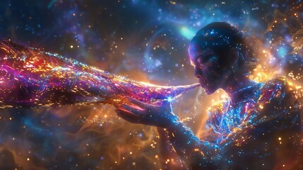 Celestial figure playing a glowing glass harmonica where each touch creates harmonic frequencies that ripple into the galaxy illustrating the philosophy of resonance and sound vibration