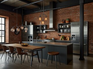 Industrial Loft Kitchen, Island, Brick, Lighting, Dining