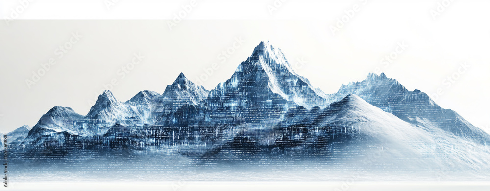 Poster a digital mountain range with code overlayed against a white background in a panoramic view