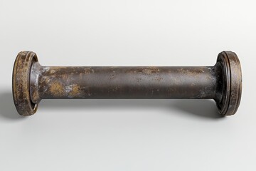 An aged metal pipe with flange connections and rust stains