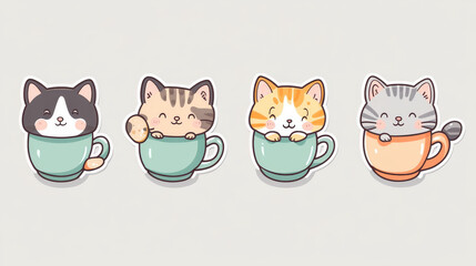 Kawaii cats in cups set isolated on white background. Contemporary vector cartoon illustration of cute kitten characters sitting and lying in mug, happy and tired pet, funny stickers for coffee shop