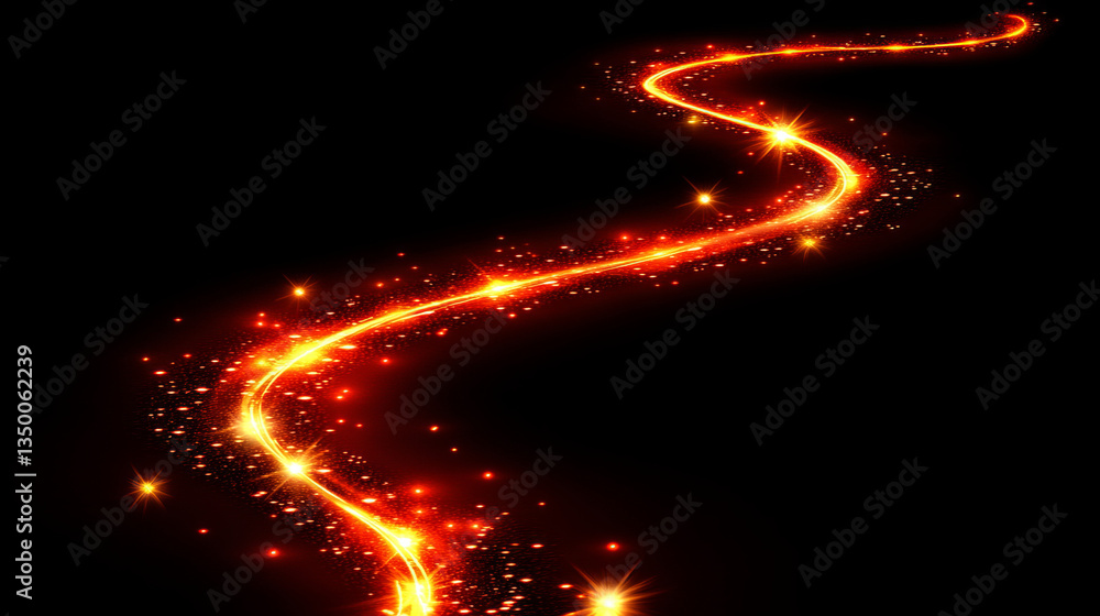 Poster magic wand sparkle effects set - luminous red and golden energy trails with glowing particles and br
