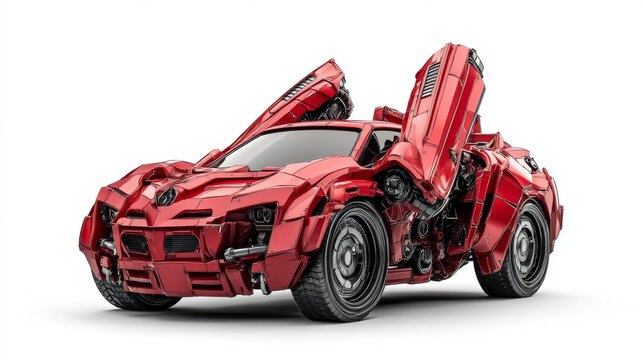 Red robot transformer, cartoon vector illustration. Powerful robot trasformed from car, fantasy space alien, toy super hero isolated on white background