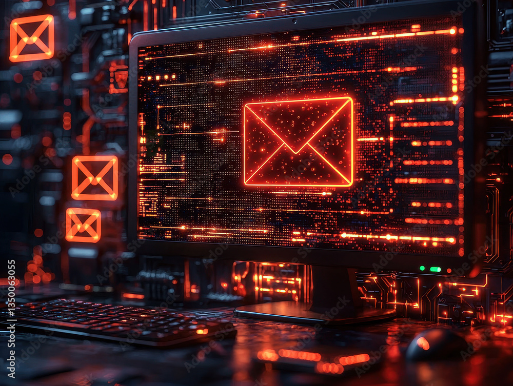 Poster sophisticated ai-generated phishing email revealed on a computer monitor with glowing circuits
