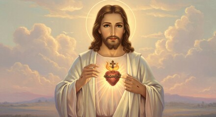 Fototapeta premium A divine representation of Jesus with an illuminated Sacred Heart, radiating warmth and mercy.