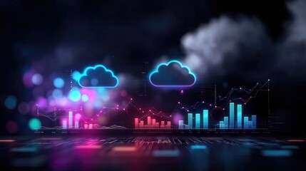 Futuristic data cloud, graphs, and charts on dark background