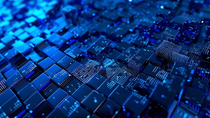 Blue digital cubes flowing, abstract tech background, data stream, website header