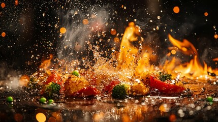 Vibrant Splash of Colorful Vegetables in Fiery Cooking Setting