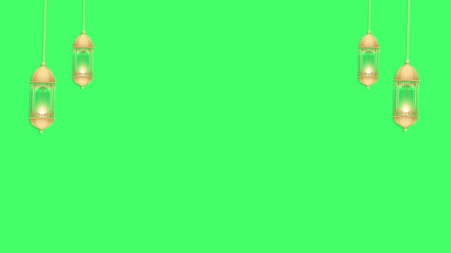 2D animation of lanterns hanging from top and moving against green screen background. Sixlanterns hanging for invitations, islamic background, Ramdan kareem, Eid Mubarak ads promotional videos. 4k